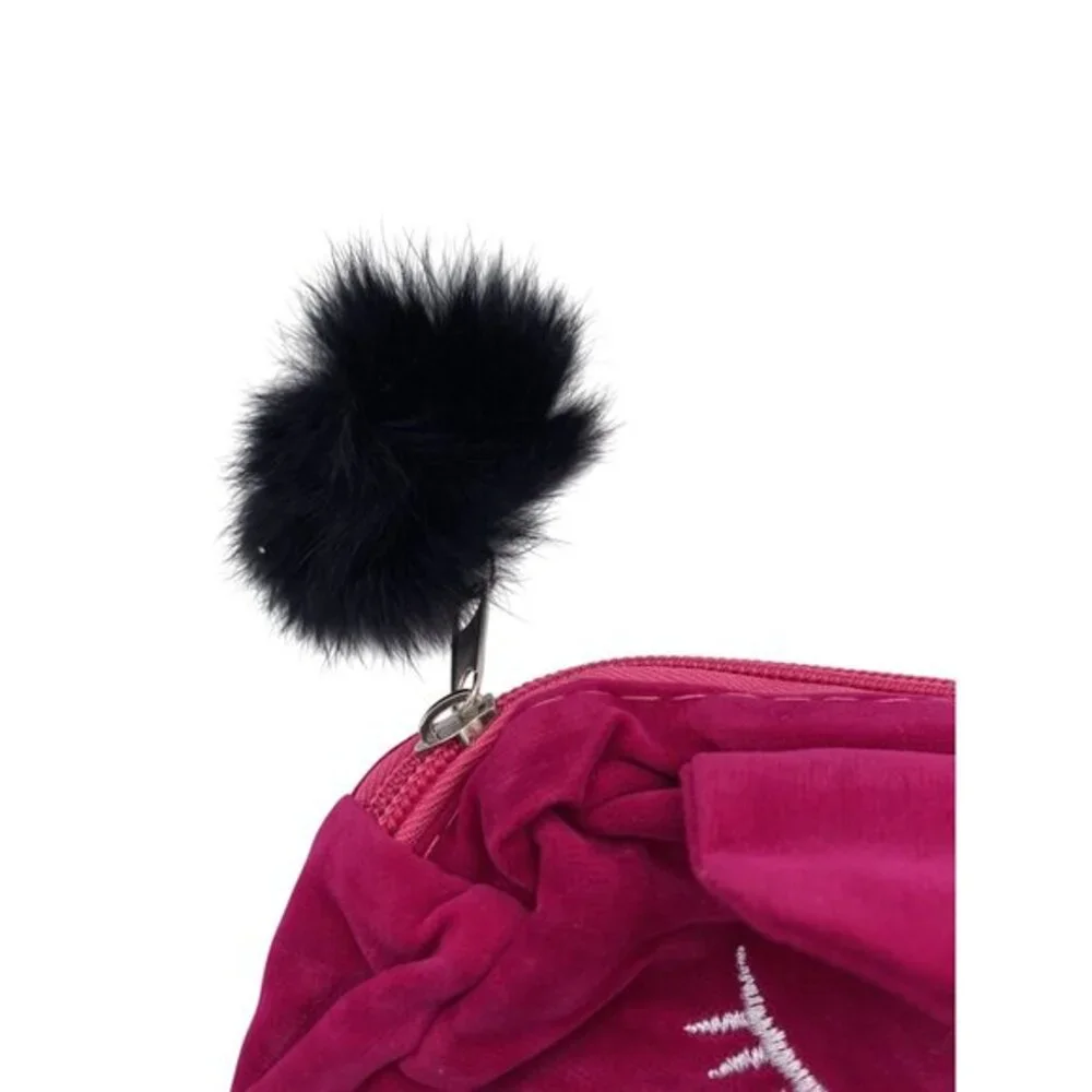 Pink Velvet Cosmetic Pouch With Embroidered Eyelash‎ Design & Fluffy Pom Pom